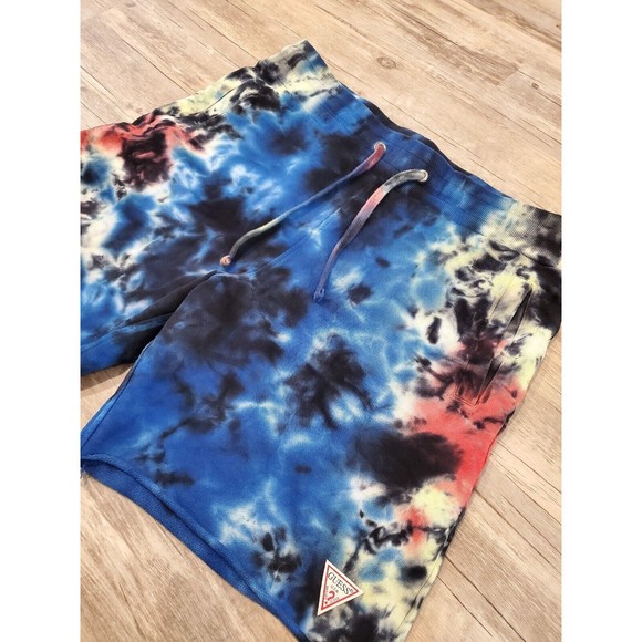 GUESS Tie Dye French Terry Cloth Sweat Shorts 7" Inseam Frayed Hem Sz L - Picture 2 of 16